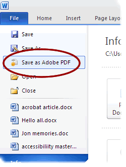 save as adobe pdf option in Word 2010